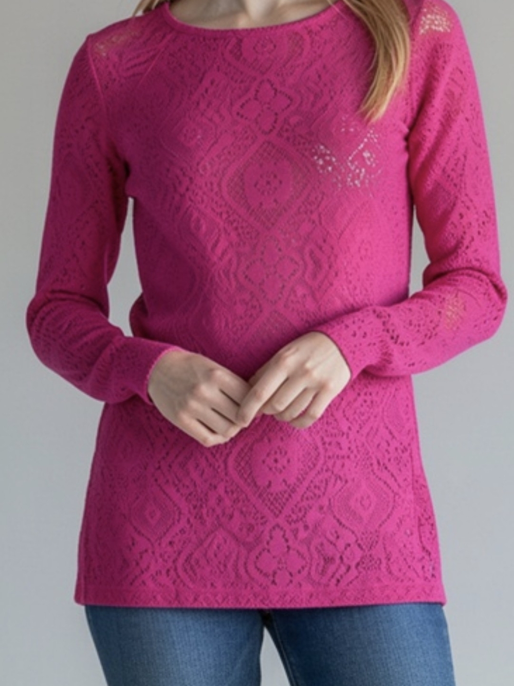 Mudd Fuchsia Long Sleeve Lace-Pattern Knit Top
